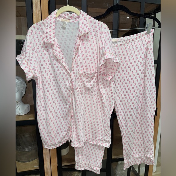 Eberjey block print pajamas set floral short sleeve button down top pants modal - Picture 1 of 6